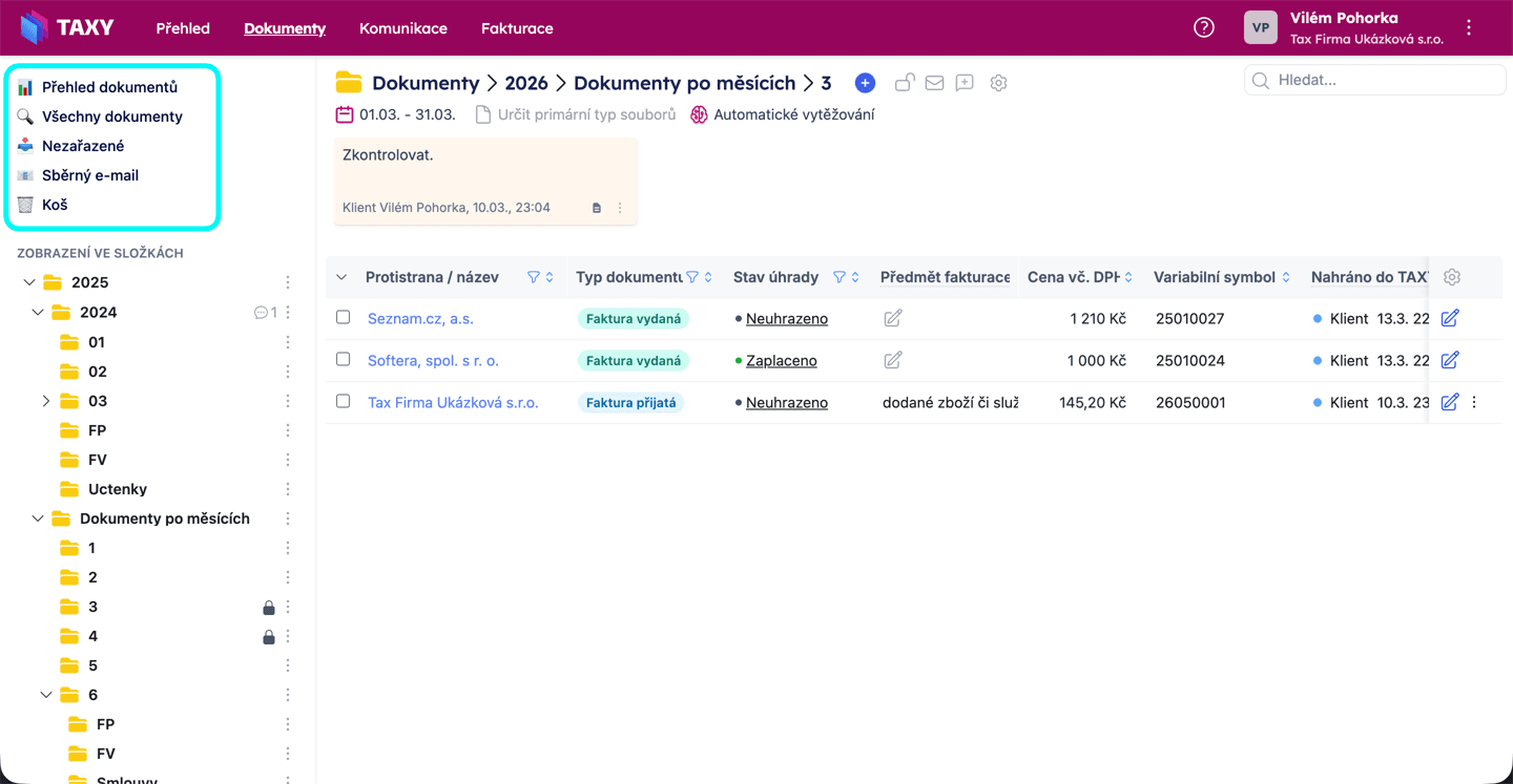 Levý panel v přehledu dokumentů v rámci složky