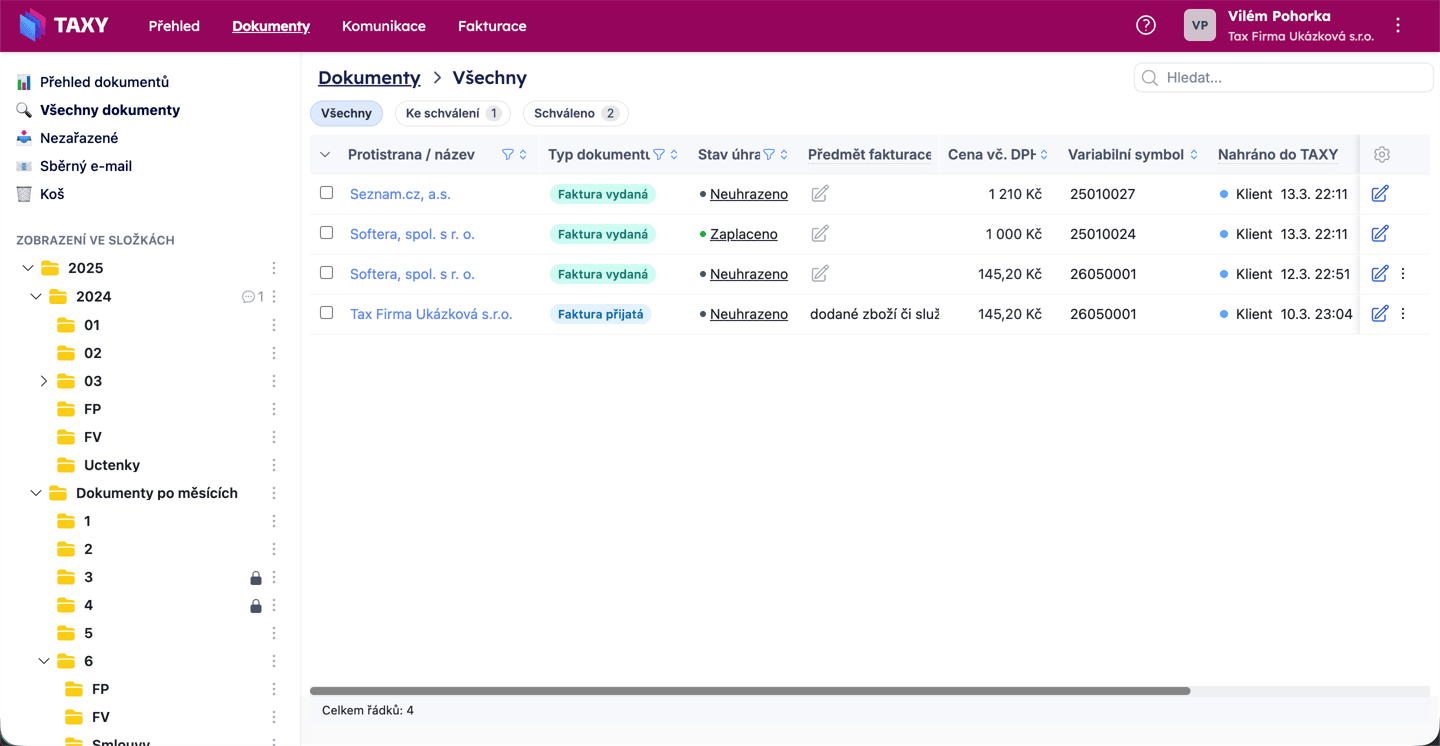 Tabulka dokumentů s rozšířenými sloupci – Variabilní symbol, Nahráno do TAXY, Splatnost, Složka