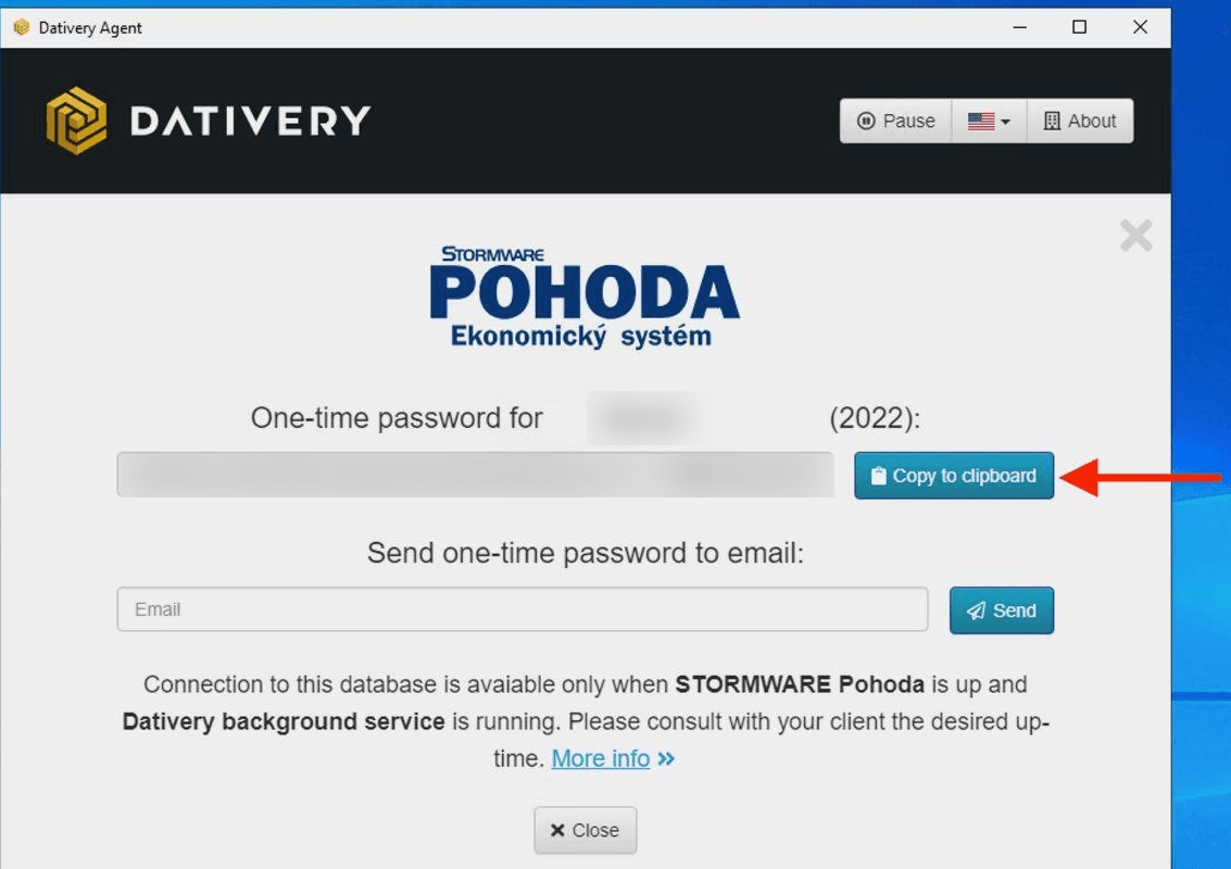 Dativery Agent – vygenerované jednorázové heslo