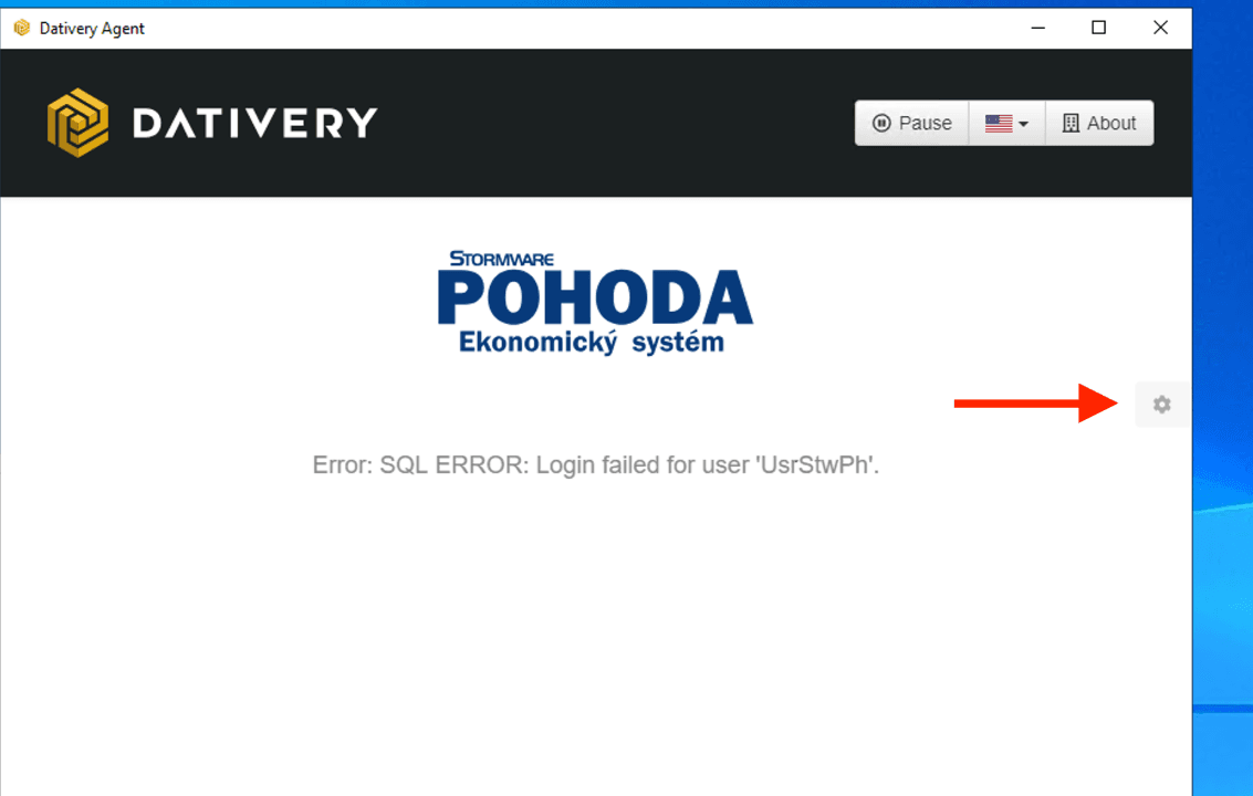 Dativery Agent – chyba přihlášení k SQL a ozubené kolečko