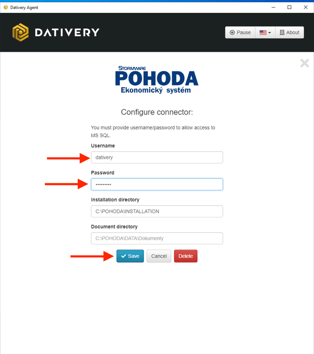 Dativery Agent – jméno a heslo databázového uživatele