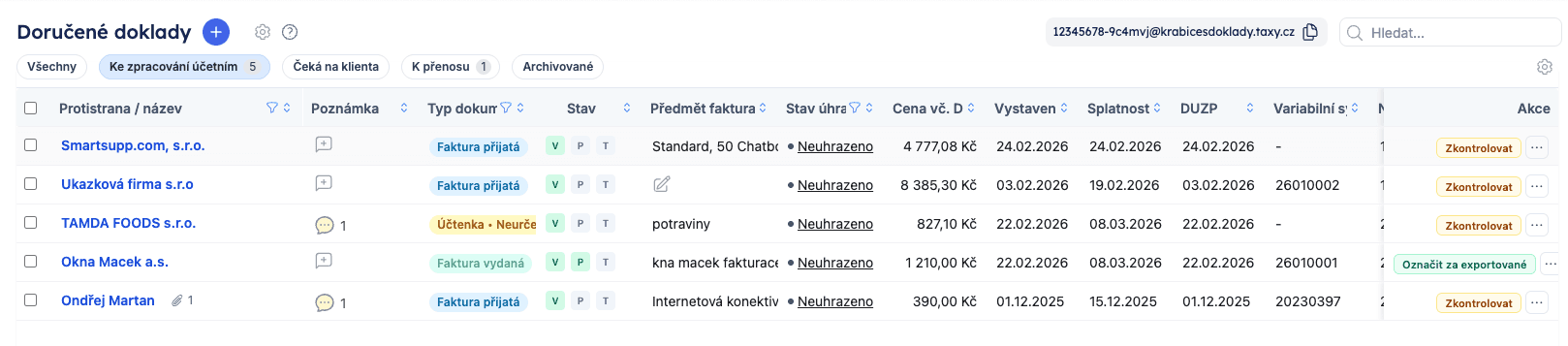 Filtrace a řazení v Doručených dokladech