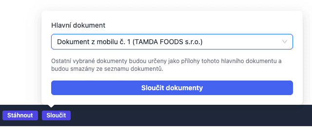 Hromadná akční lišta s tlačítkem Sloučit
