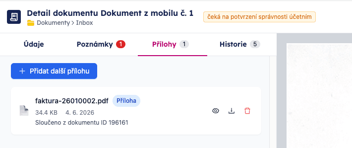 Dialog Sloučit dokumenty s výběrem hlavního dokumentu