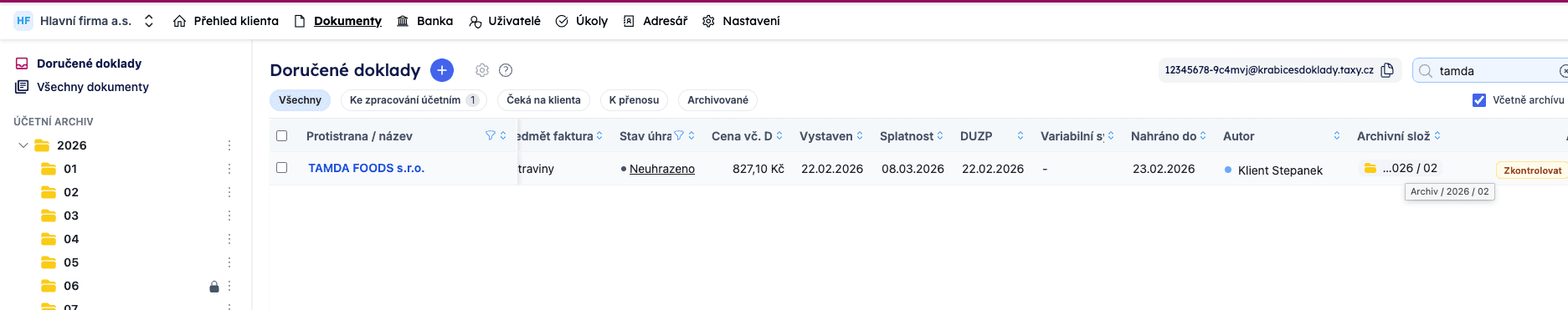 Vyhledávání napříč Doručené a Archiv s volbou „Včetně archivu"