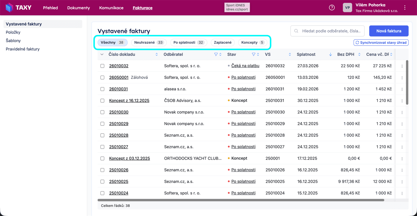 Filtrace ve vystavených fakturách
