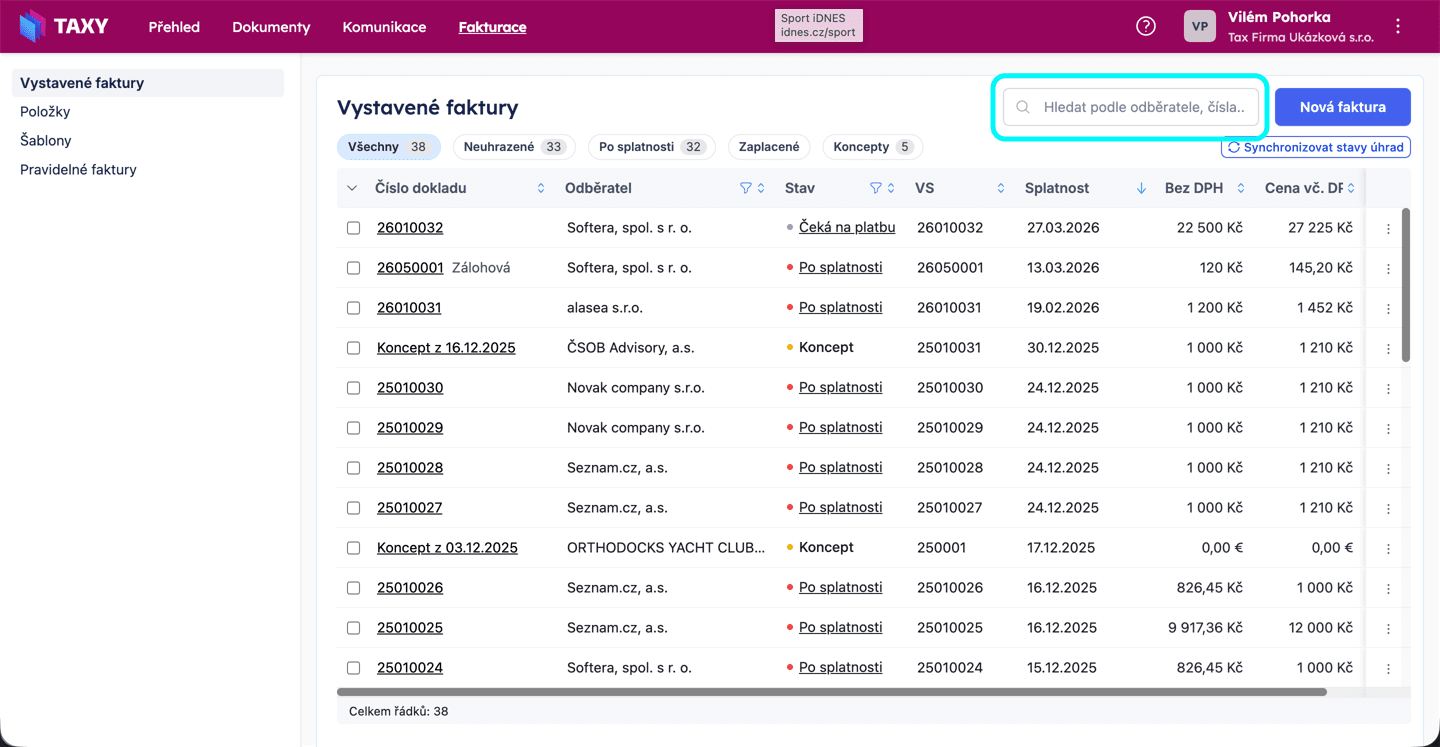 Vyhledávání ve vystavených fakturách