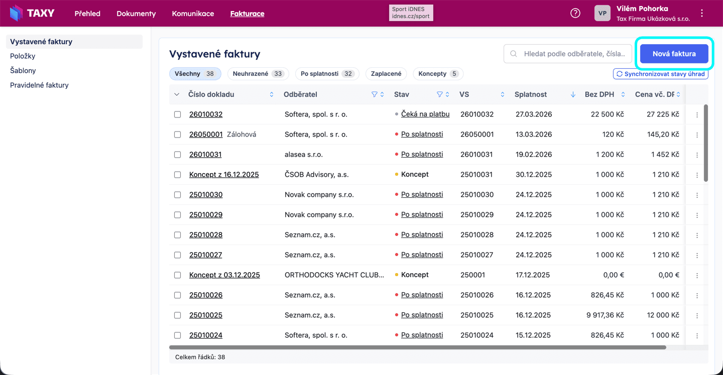 Vystavení faktury – Krok 1