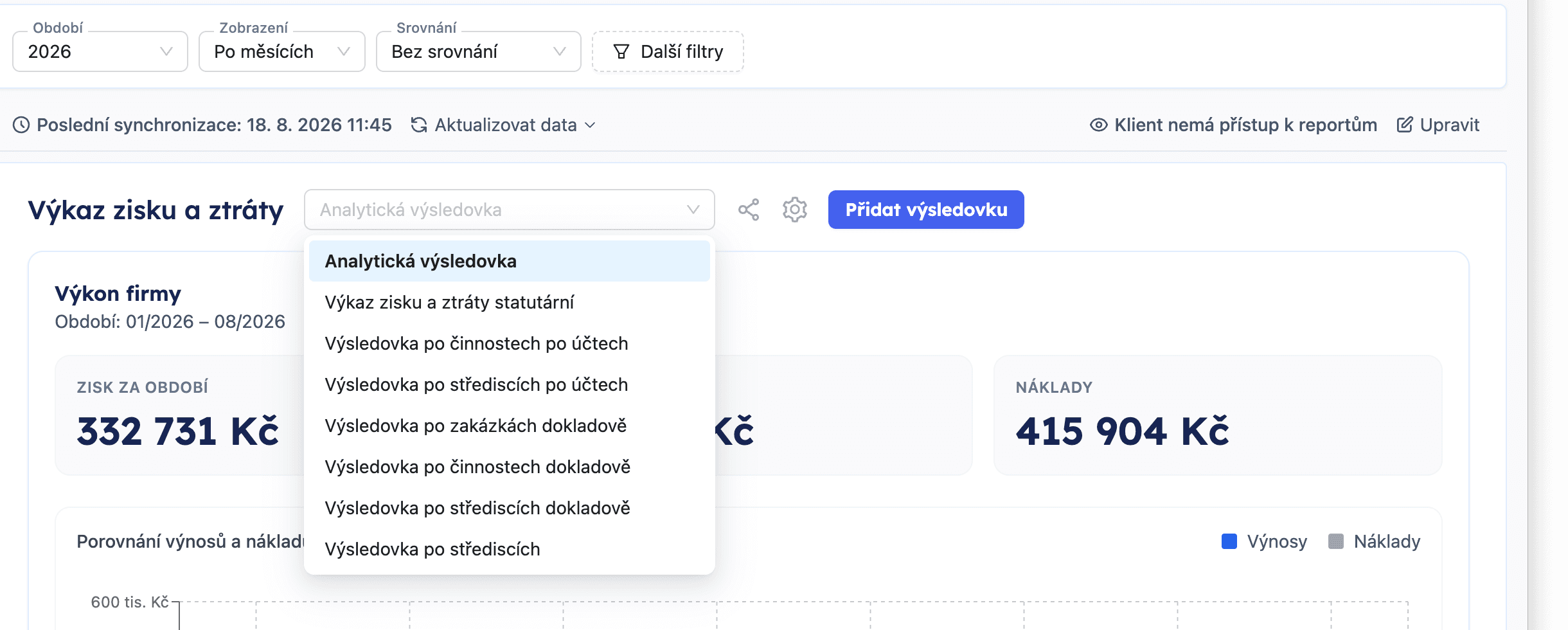 Roletka výběru výsledovky s dokladovými variantami