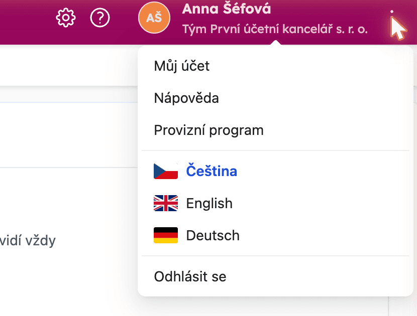 Menu pod jménem uživatele s výběrem jazyka