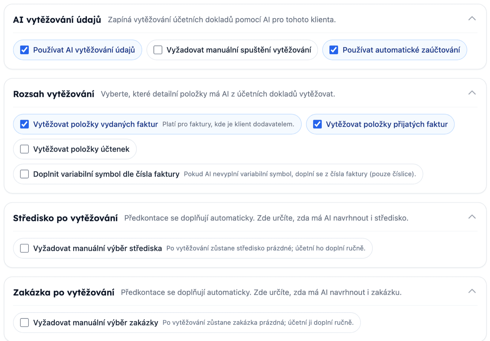 Nastavení automatického zaúčtování a ručního výběru střediska a zakázky u klienta