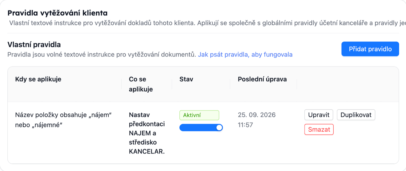 Pravidla vytěžování u konkrétního klienta