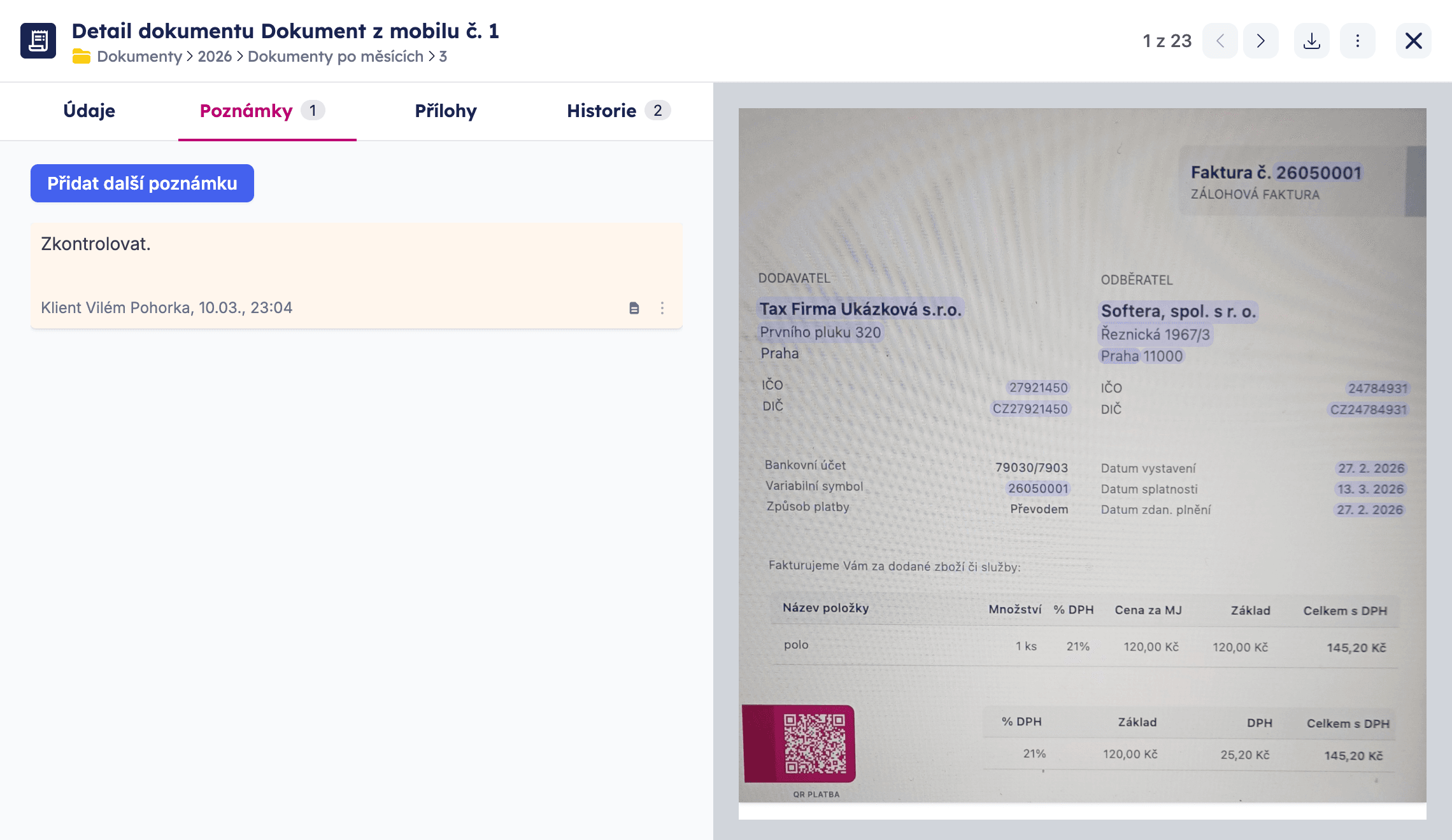 Záložka Poznámky v detailu dokumentu s existující poznámkou a tlačítkem Přidat další poznámku