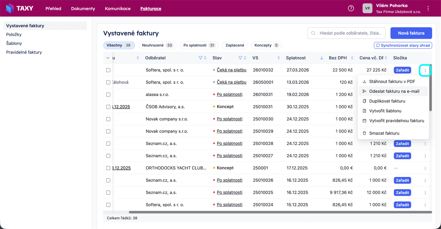 Odeslání vystavené faktury e-mailem