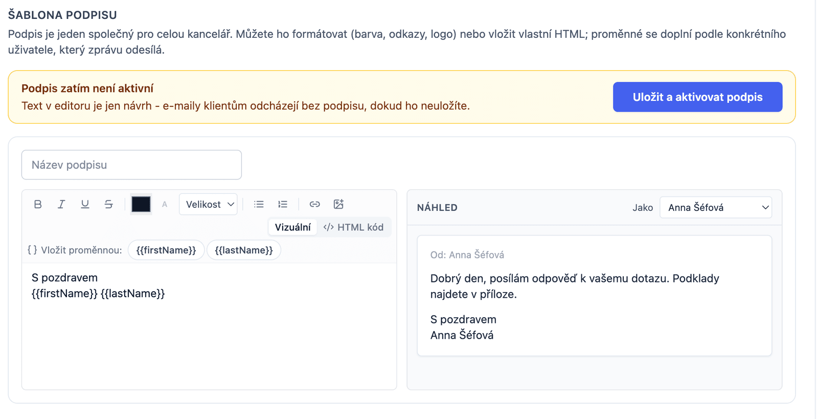 Šablona podpisu s editorem, proměnnými a náhledem za konkrétního účetního