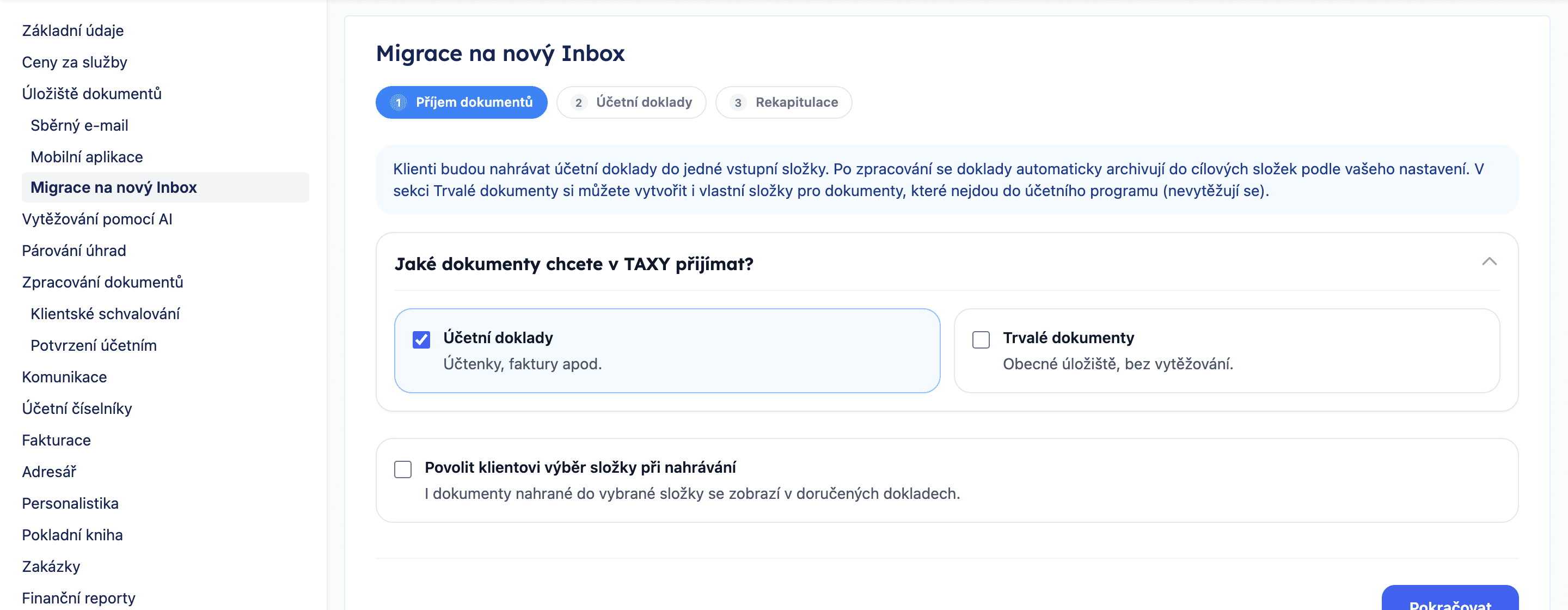Položka Migrace na nový Inbox v menu nastavení klienta