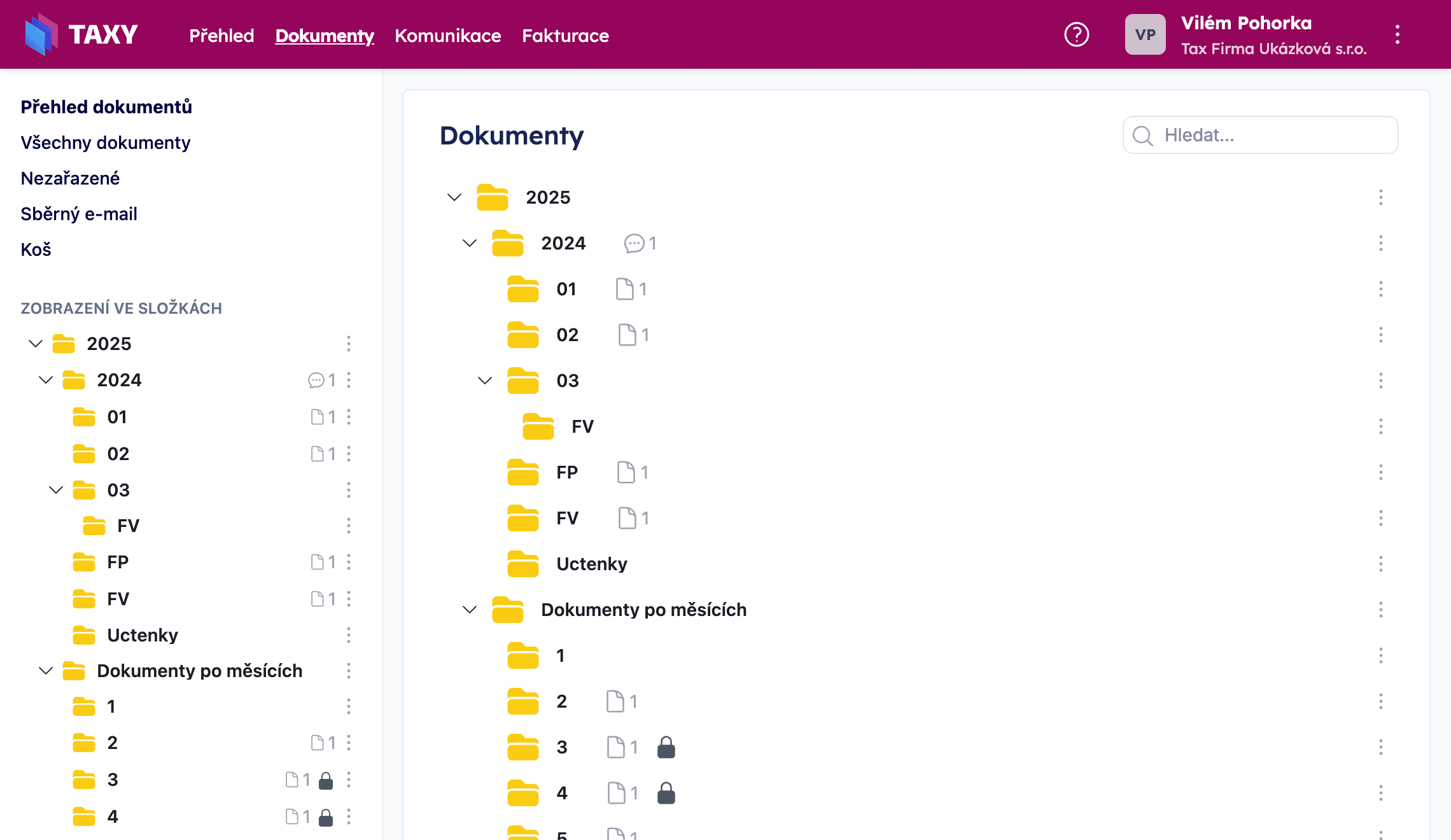 Přehled dokumentů se složkovou strukturou v levém panelu