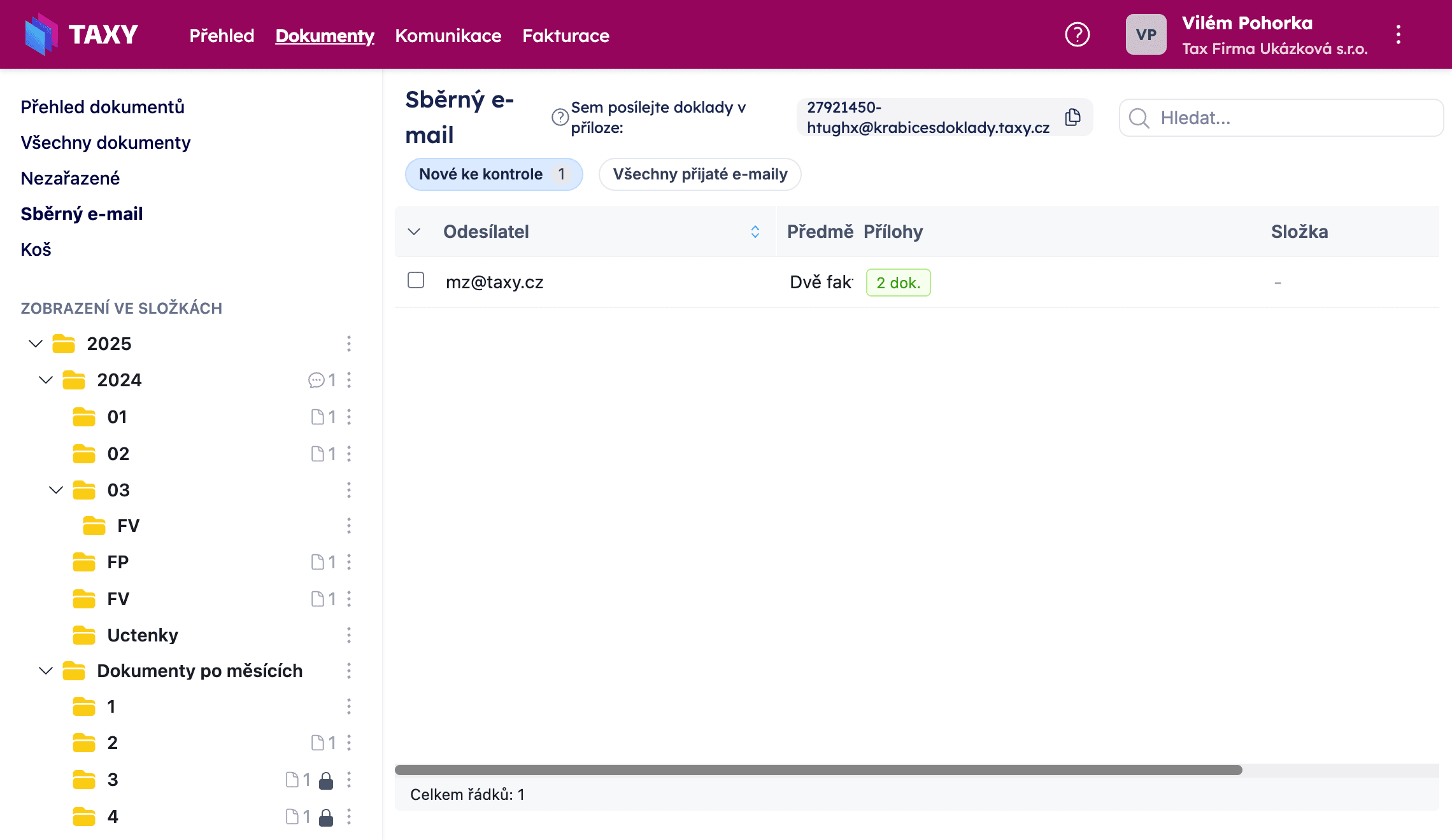 Stránka Sběrný e-mail s unikátní adresou pro zasílání dokladů a přijatými e-maily