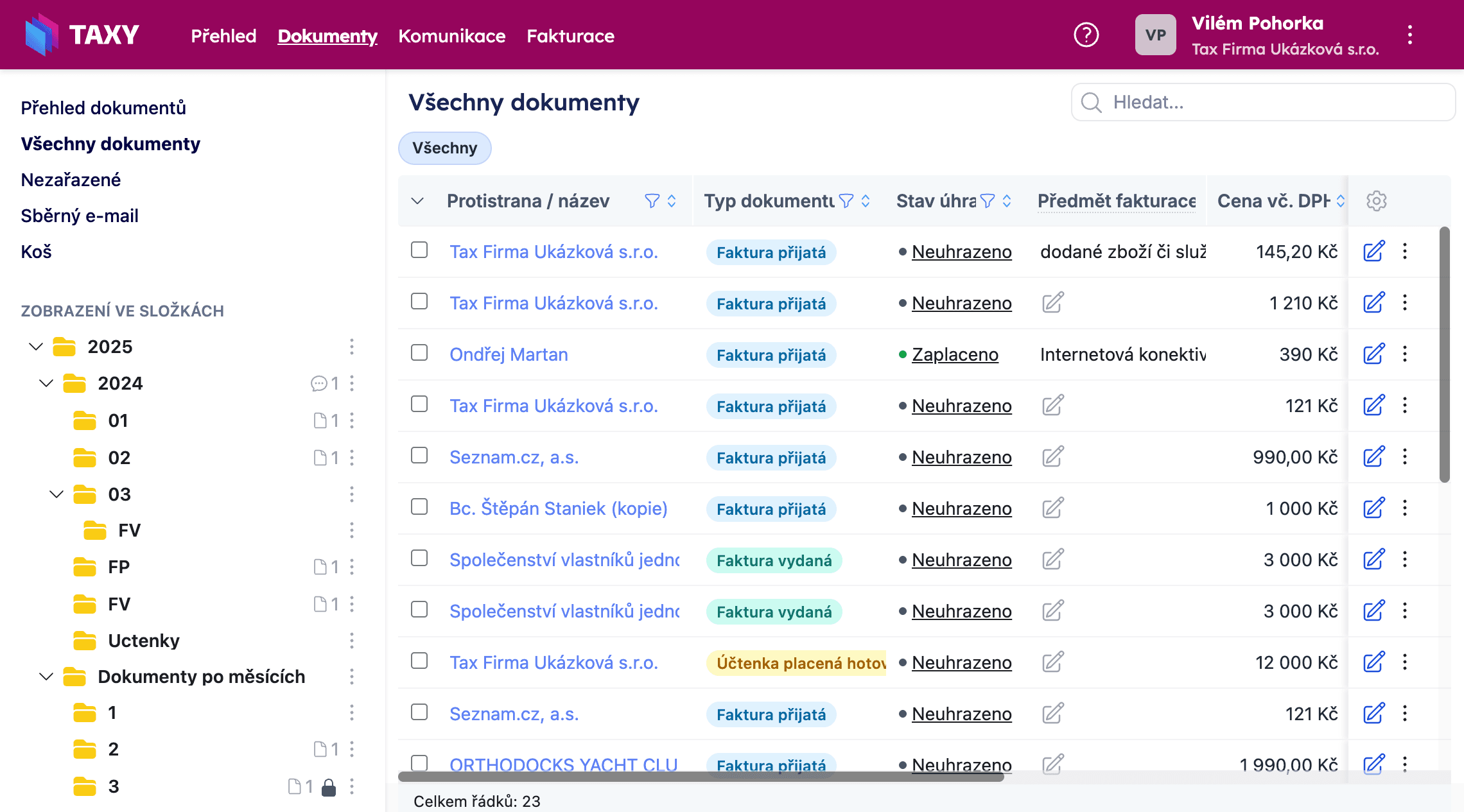 Tabulka Všechny dokumenty s přehledem nahraných dokladů