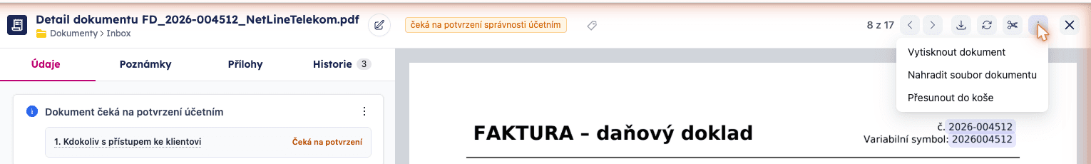 Menu dalších akcí v hlavičce detailu dokumentu s volbou Nahradit soubor dokumentu
