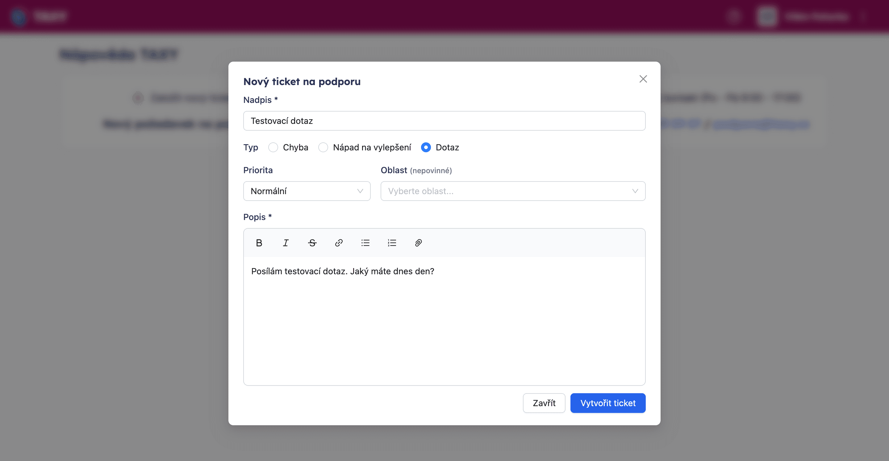 Formulář pro založení nového ticketu na podporu