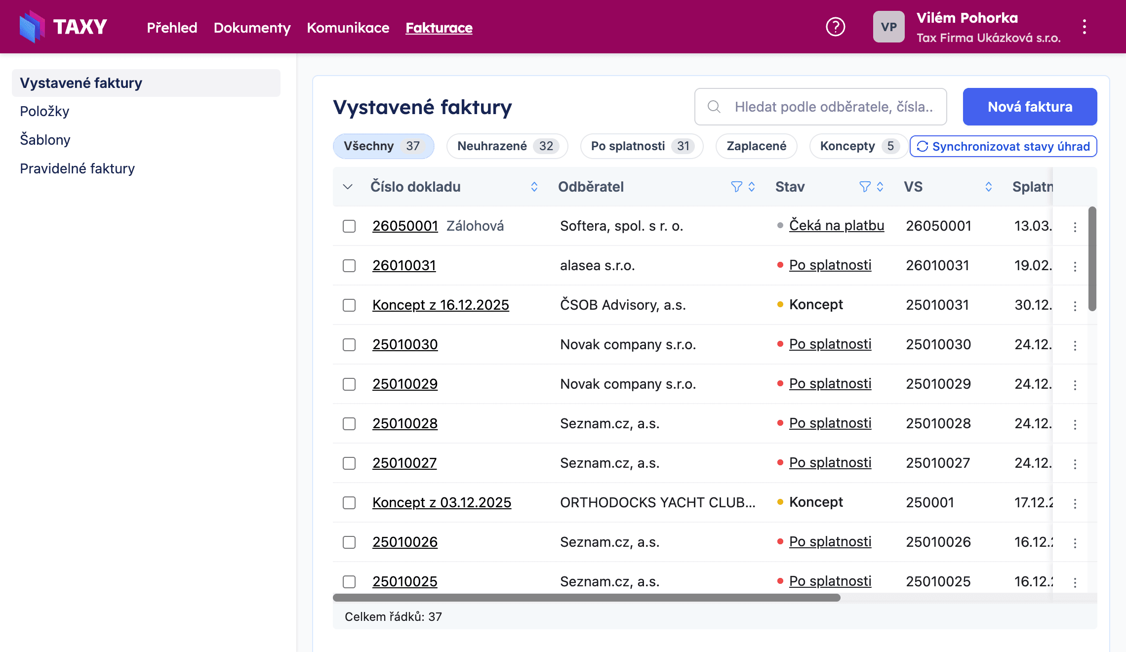 Přehled vystavených faktur s filtry Neuhrazené, Po splatnosti, Zaplacené a stavy jednotlivých faktur