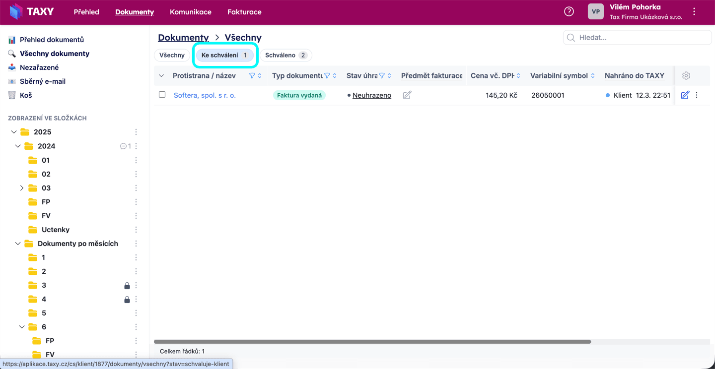 Hlavní přehled s dokumenty na schválení