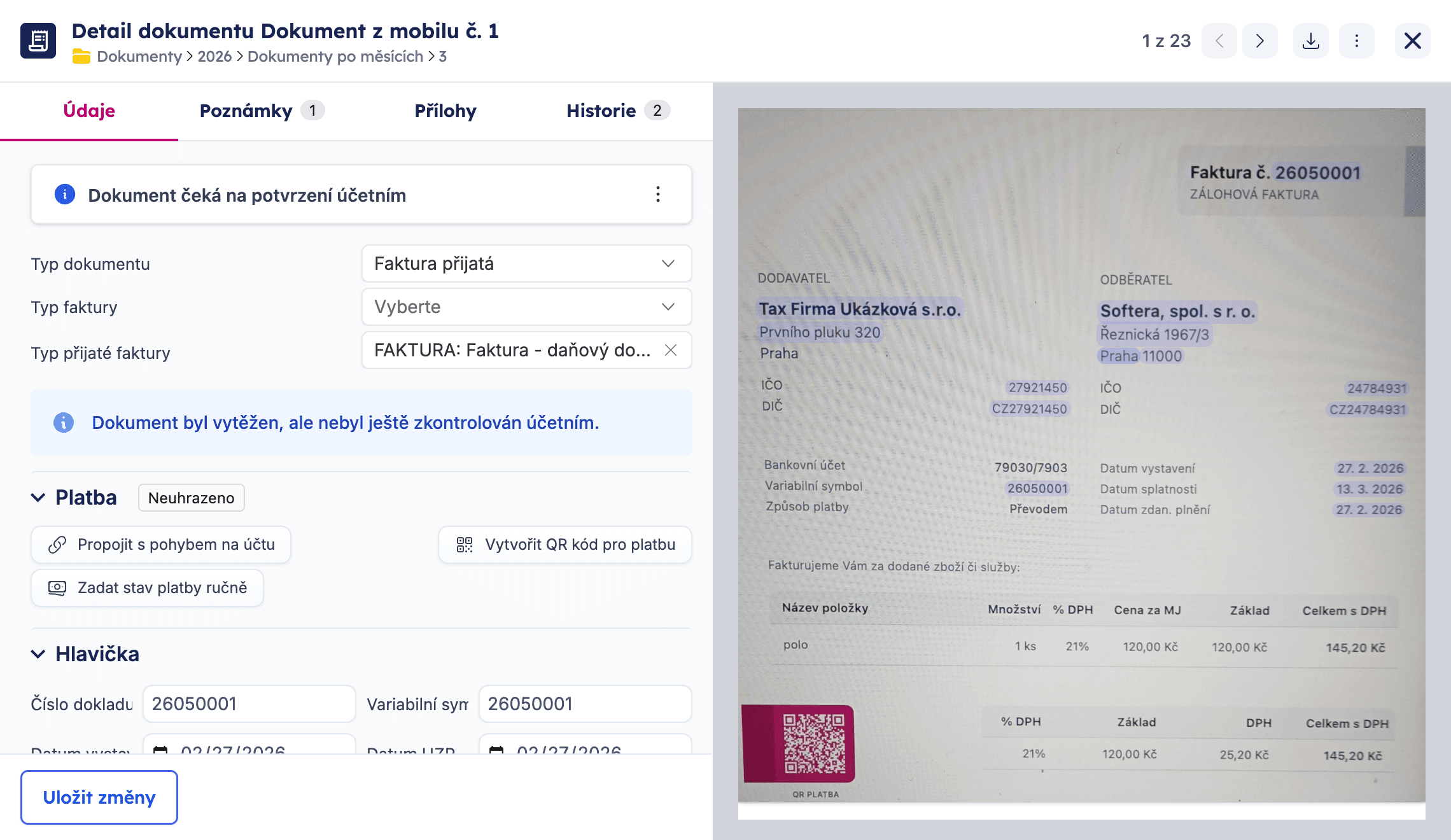 Detail dokumentu se záložkami Údaje, Poznámky, Přílohy, Historie a náhledem faktury vpravo