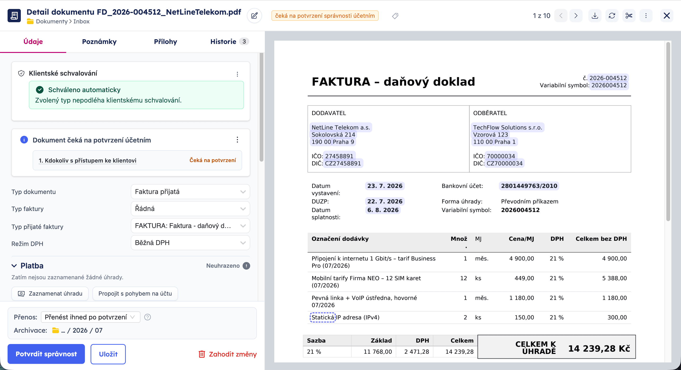 Detail dokumentu — vlevo záložky a vytěžené údaje, vpravo náhled faktury se zvýrazněnými poli