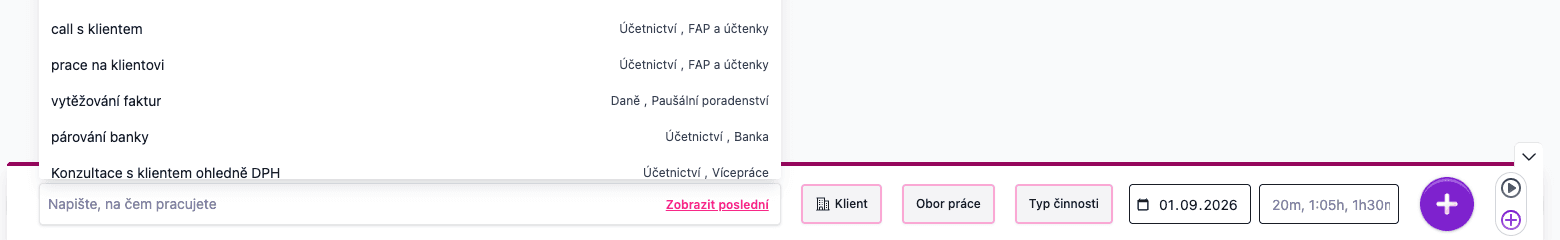 Historie posledních záznamů vyvolaná šipkou nahoru v poli pro popis práce