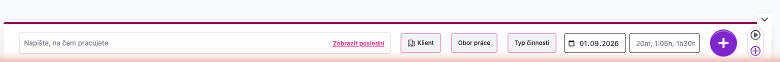 Pruh pro zápis odpracovaného času v dolní části obrazovky